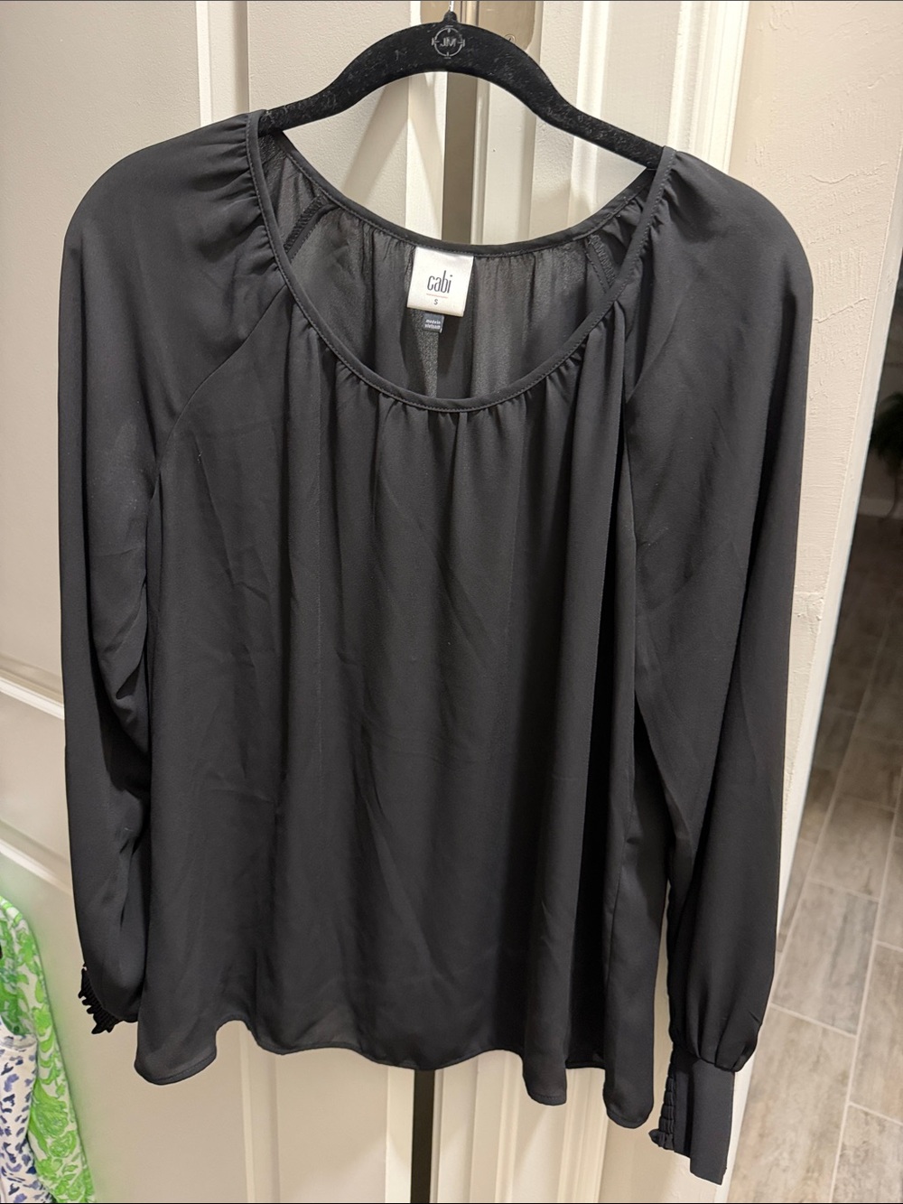 CAbi Round Trip Black Long-Sleeve Scoop Neck Blouse